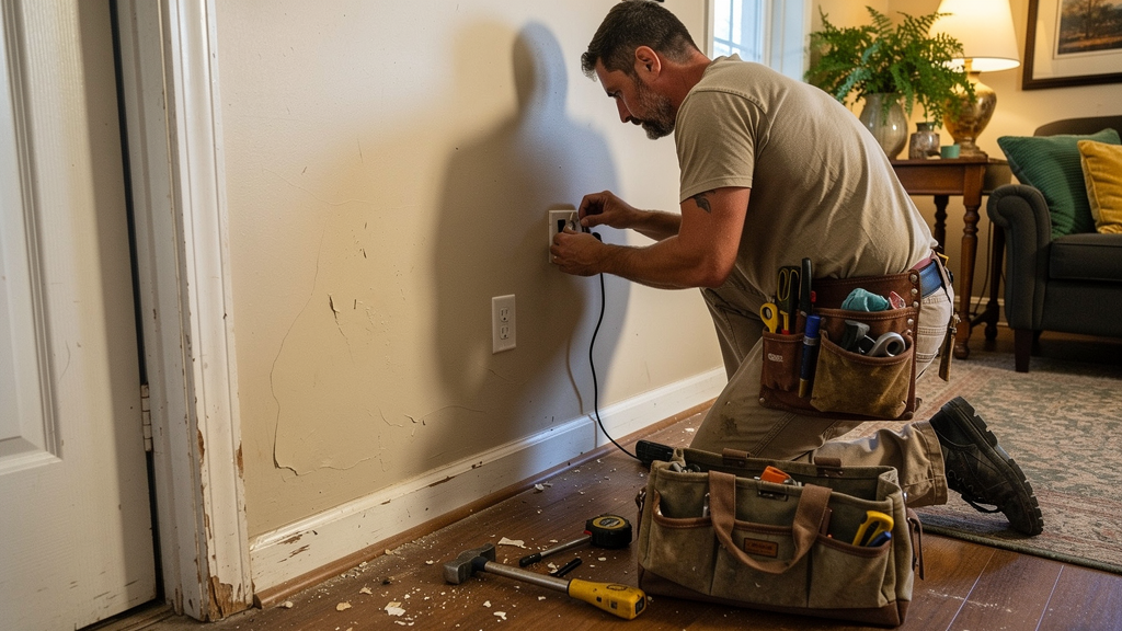 Handyman measuring a wall for a home repair in Columbus, Georgia